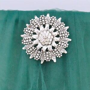 Vintage Silver Tone Snowflake Rhinestone Brooch Pin